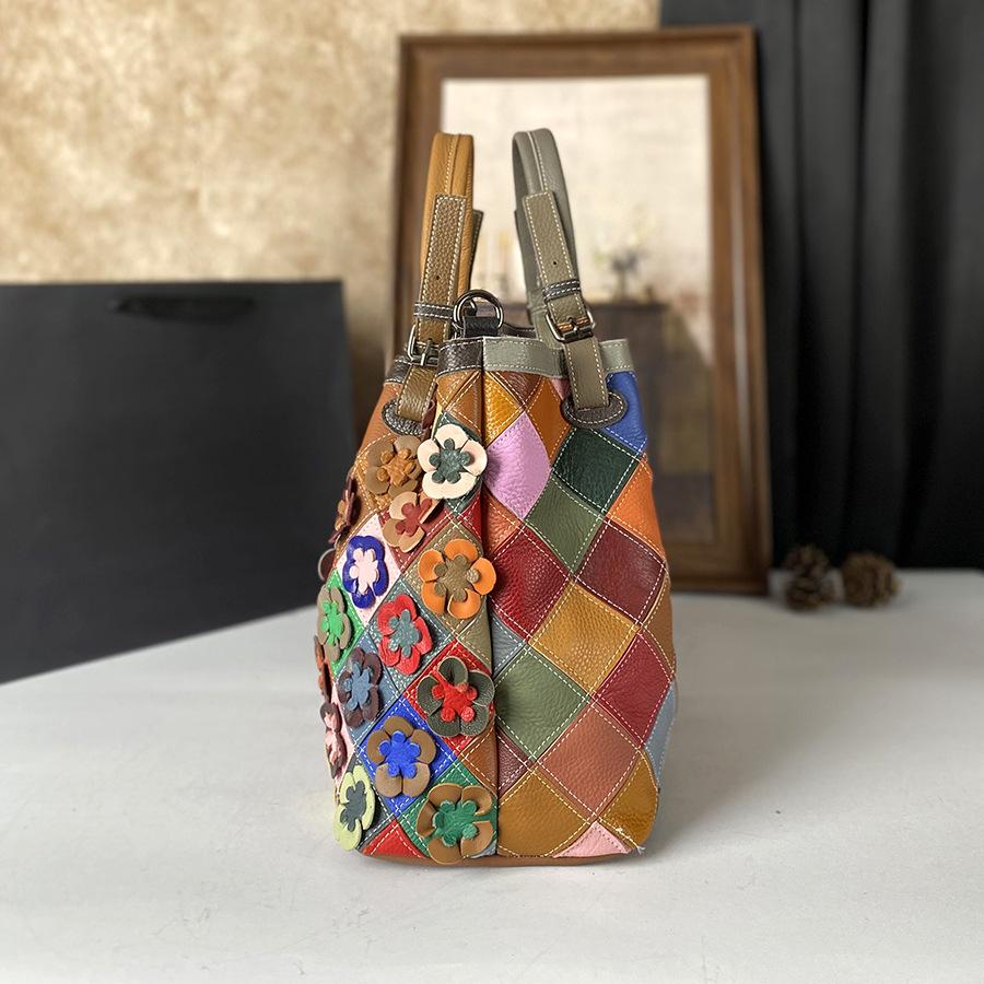 Boho Trendy Kožená Taška Přes Rameno Květinová Volnočasová Všestranná Crossbody Dámská Taška Velká Kapacita Splicovaná Kůže Do Práce