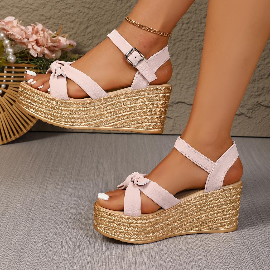 Fashion Pink Beige Wedge Sandals Woman 2025 Platform Bow Design Summer High Heel Shoes Female Sandal 8cm Heels Shoes For Woman