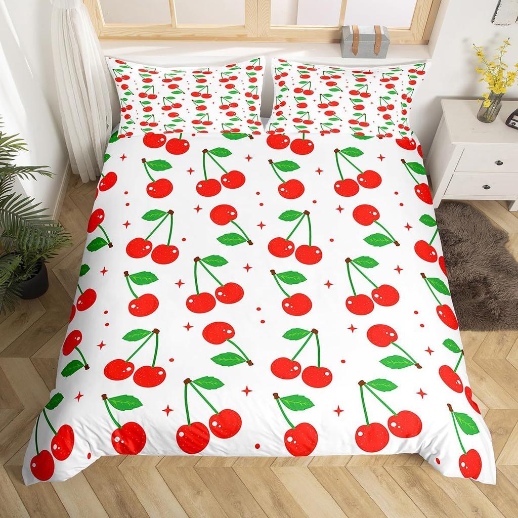 Red Cherry Printed Bedding Set Cartoon Tropical Fruit Duvet Set Three-Piece Set