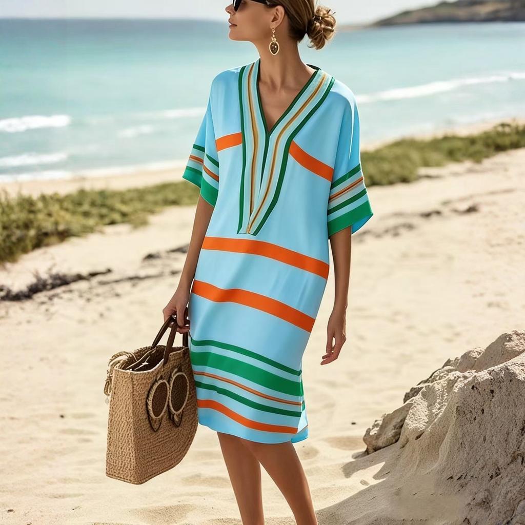 Damen Freizeit Bequem Baumwolle Leinen Kurzarm Tunika Strandkleider Mit Taschen