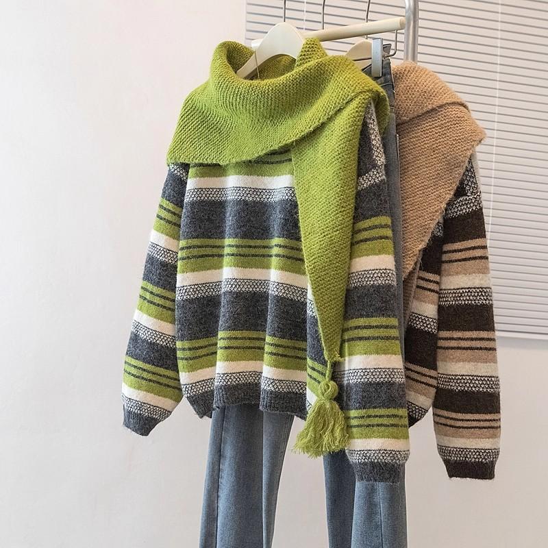 Damen Herbst Winter Neu Grün Gestreift Reguläre Schulter Pullover Mit Schal Schal Mehrlagig Zweiteiliges Set
