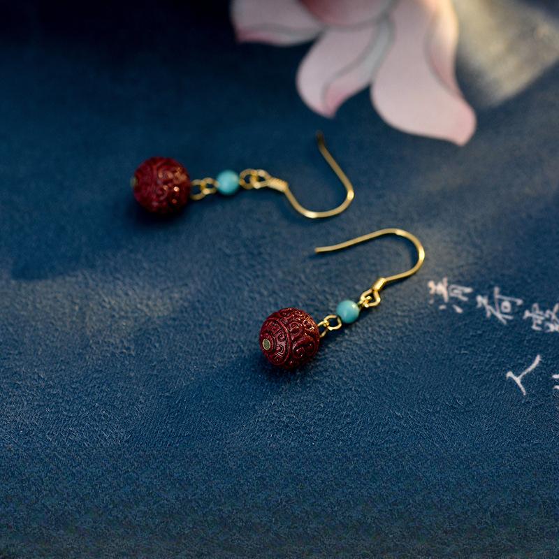 Versatile National Trend Rewinding Bead Earrings National Style Red Cinnabar Ear Hook Ear Hanging Women's Long Earrings Retro