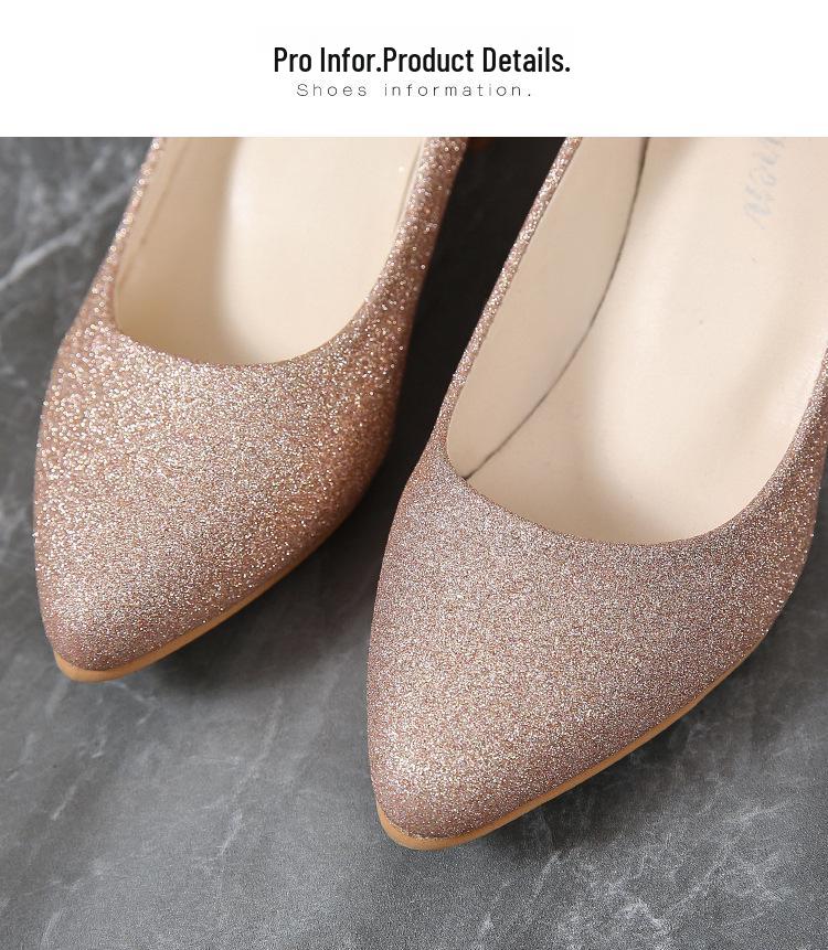 2025 Autumn Silver Sequin Pointed Toe Chunky Heel Plus Size Women's Flats