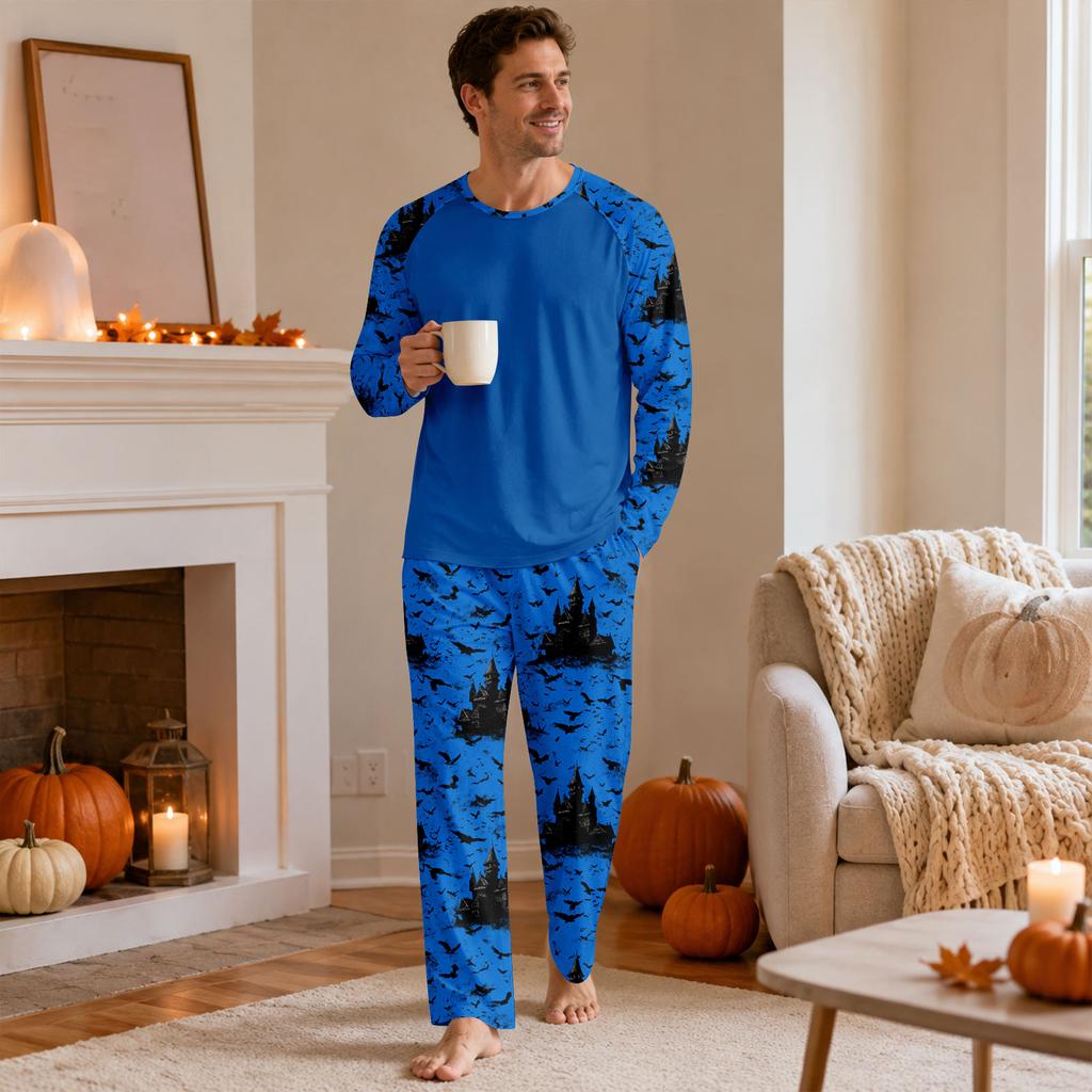 Men's Halloween Pajama Set with Long Sleeve Round Neck Top and Pants for Comfortable Sleep