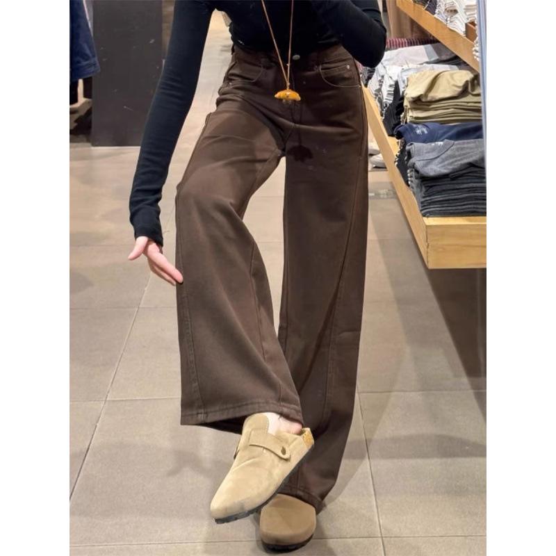 

Women s 2025 Autumn/Winter Fleece-Lined Brown Curved Leg Narrow Straight Jeans Small