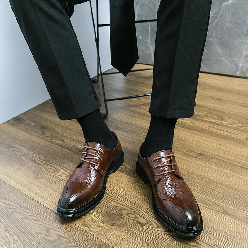 Fashion New Black Men Derby Shoes Brown Round Toe Lace-up Party Men's Formal Shoes Pu Leather Size 38-46 Men Dress Shoes