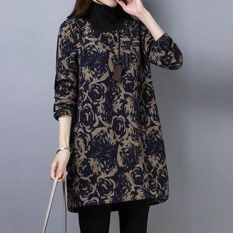 Herbst Winter Rollkragen Vintage Gedruckt Dickes T-shirt frauen Kleidung Mode Langarm Lose Midi Tops Pullover Weibliche
