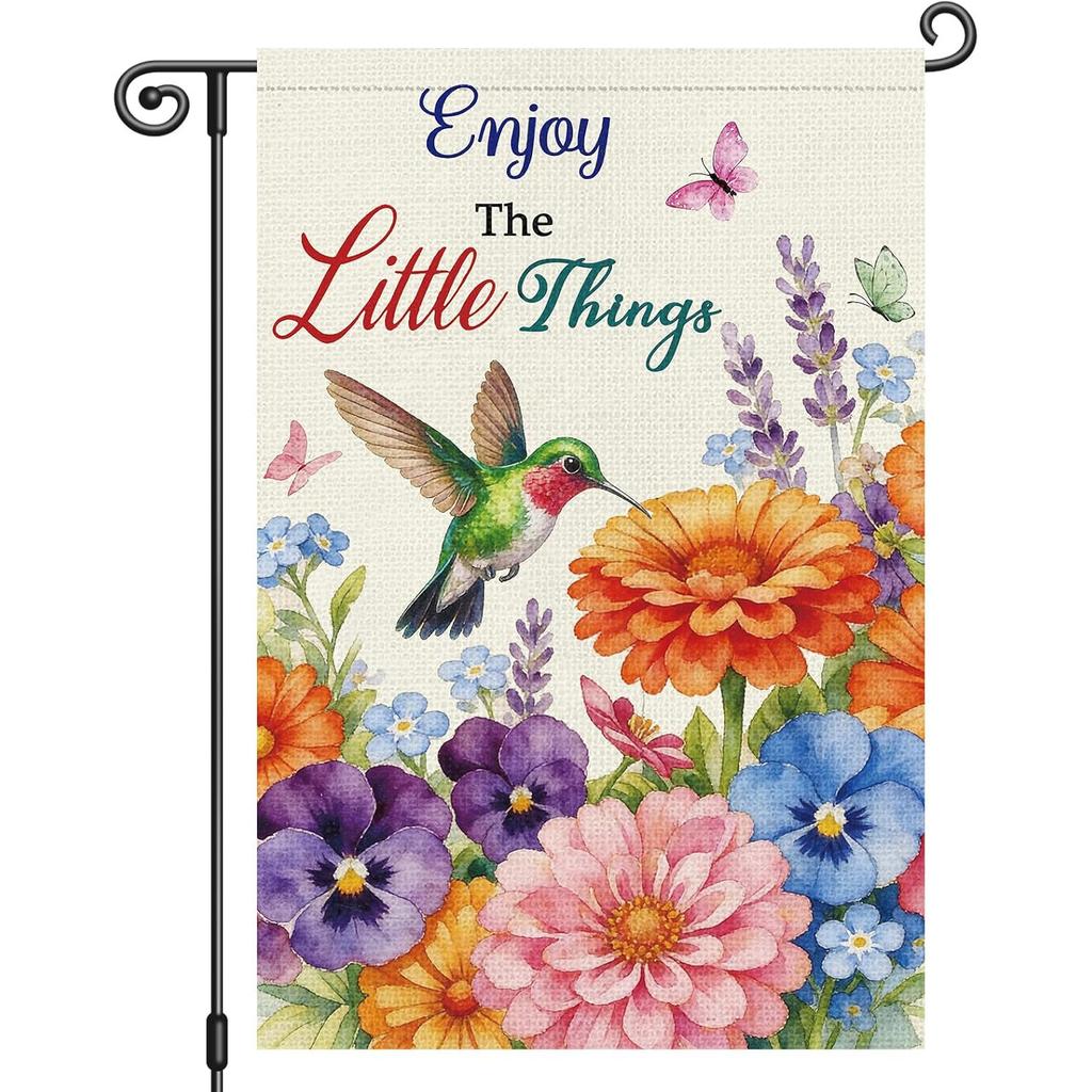 Spring Enjoy The Little Things Garden Flag Double Sided Hummingbird Florals Garden Flag Seasonal Small House Flags for Outside Yard Farmhouse Spring