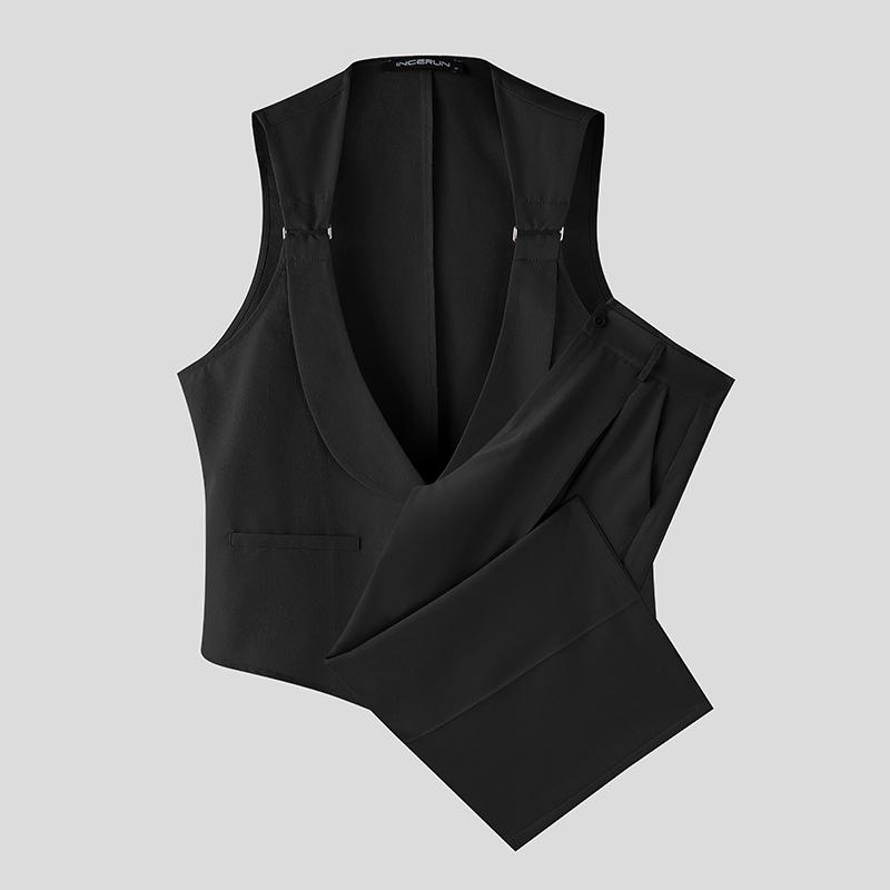 INCERUN 2PCS Men Outfits Deep V Neck Sleeveless Waistcoat Tops Long Pants Casual Thin Sets S чёрный