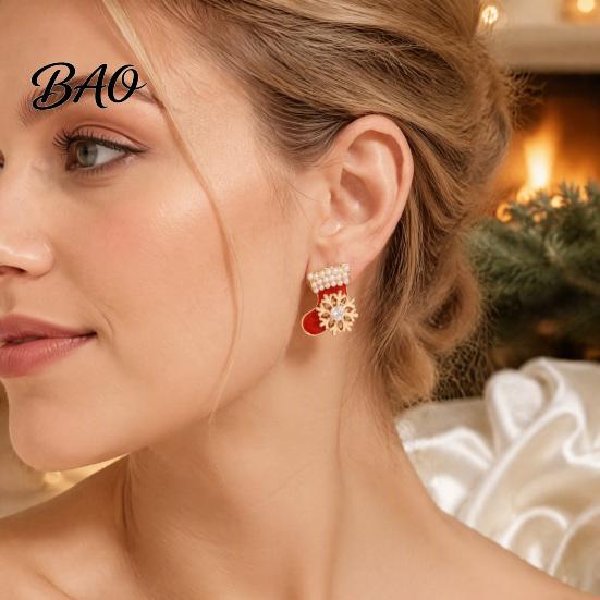 Gold Plated Christmas Earrings 1 Pair Red Stocking Stud for Women, Sparkly Rhinestone Enamel Seasonal Holiday Studs Sock Shaped Earring with