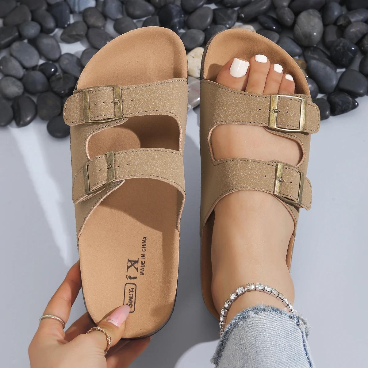 

Тапочки для женщин Пробковая стелька Пляжные сандалии Уличные замшевые сандалии с регулируемой пряжкой Мужские сандалии 42 темные хаки