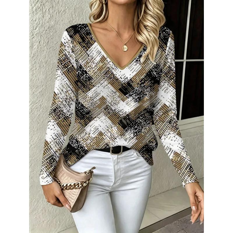 Fashion Women's V-Neck Long Sleeve 3D Casual Color Printing Casual Long Sleeve V-Neck T-Shirt