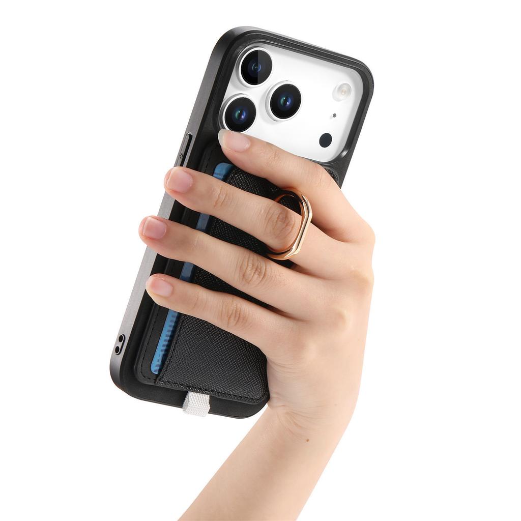 For iPhone 17 Pro Case Ring Kickstand Leather + TPU + PC Phone Cover Detachable Card Holder