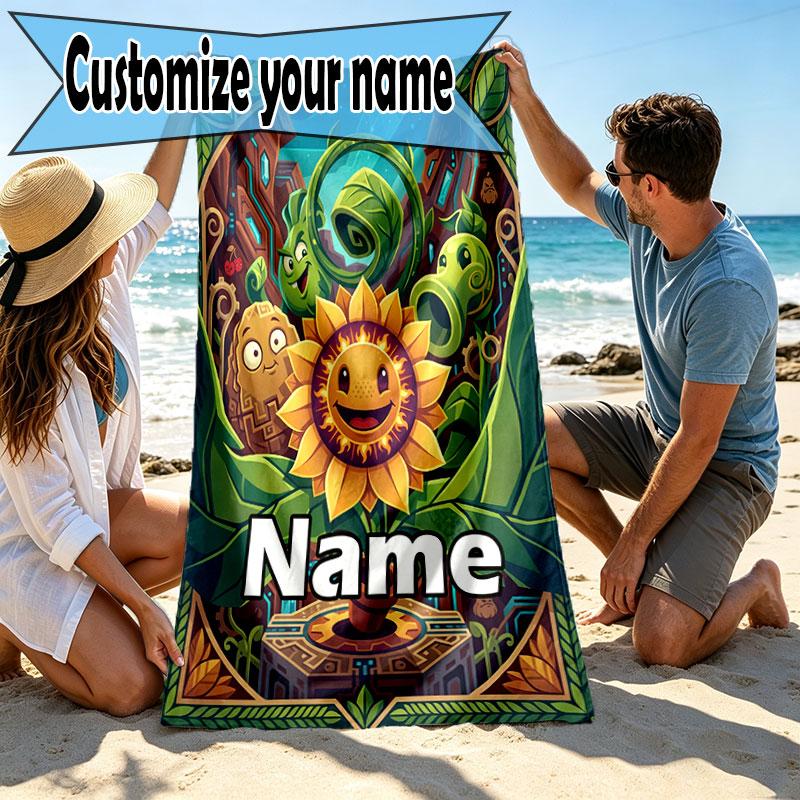 Custom Name Personalized Plants VS Zombies Print Beach Towel, for Trip Camping Beach Party Home Decor, Birthday Gift for Family & Friends