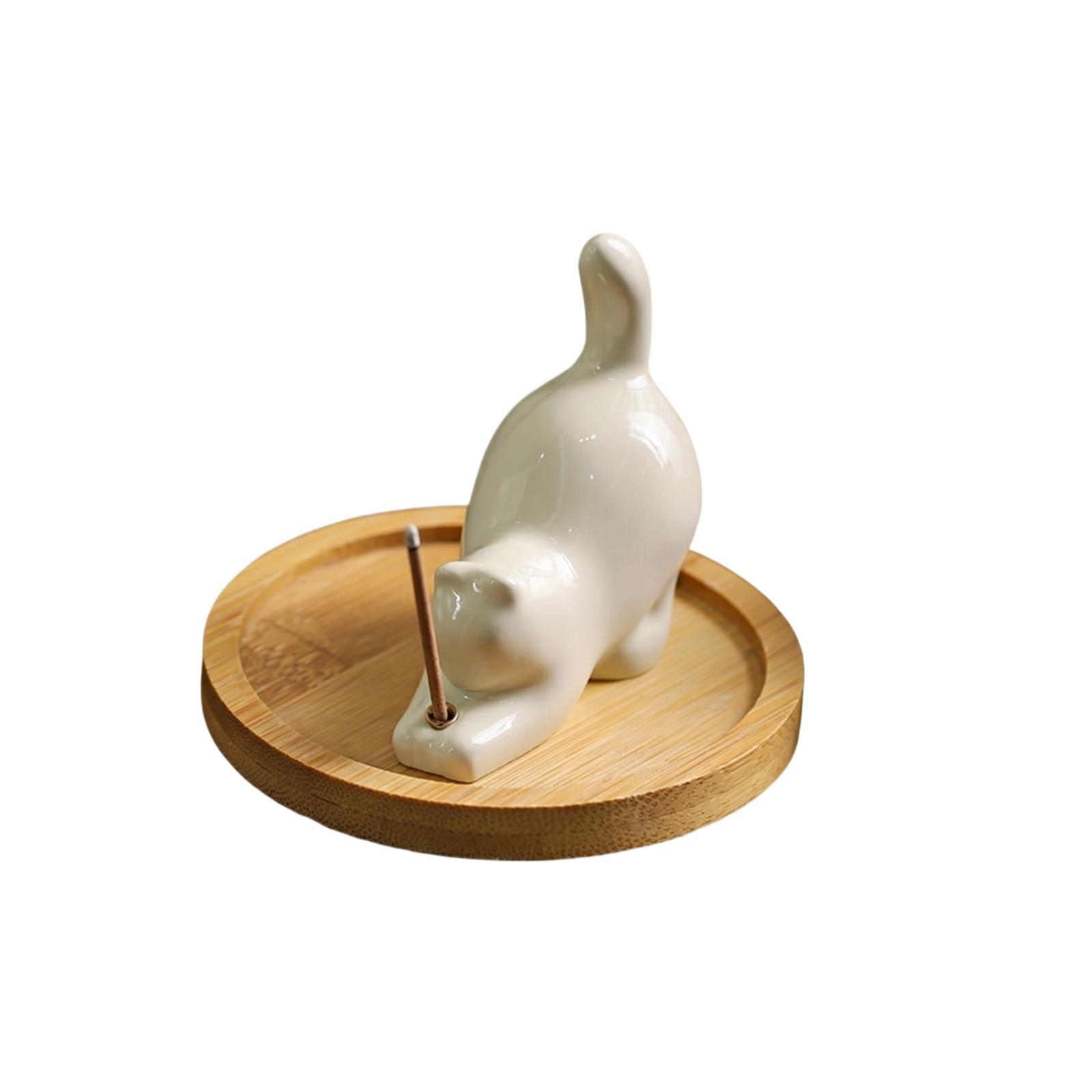 

Creative Desktop Soft Cat Incense Holder Round Tray Decorative Ornament for Home Office Tabletop Use one size білий