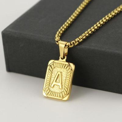 18K Gold Square Double-sided English Letter Pendant for Men, Titanium Steel Necklace
