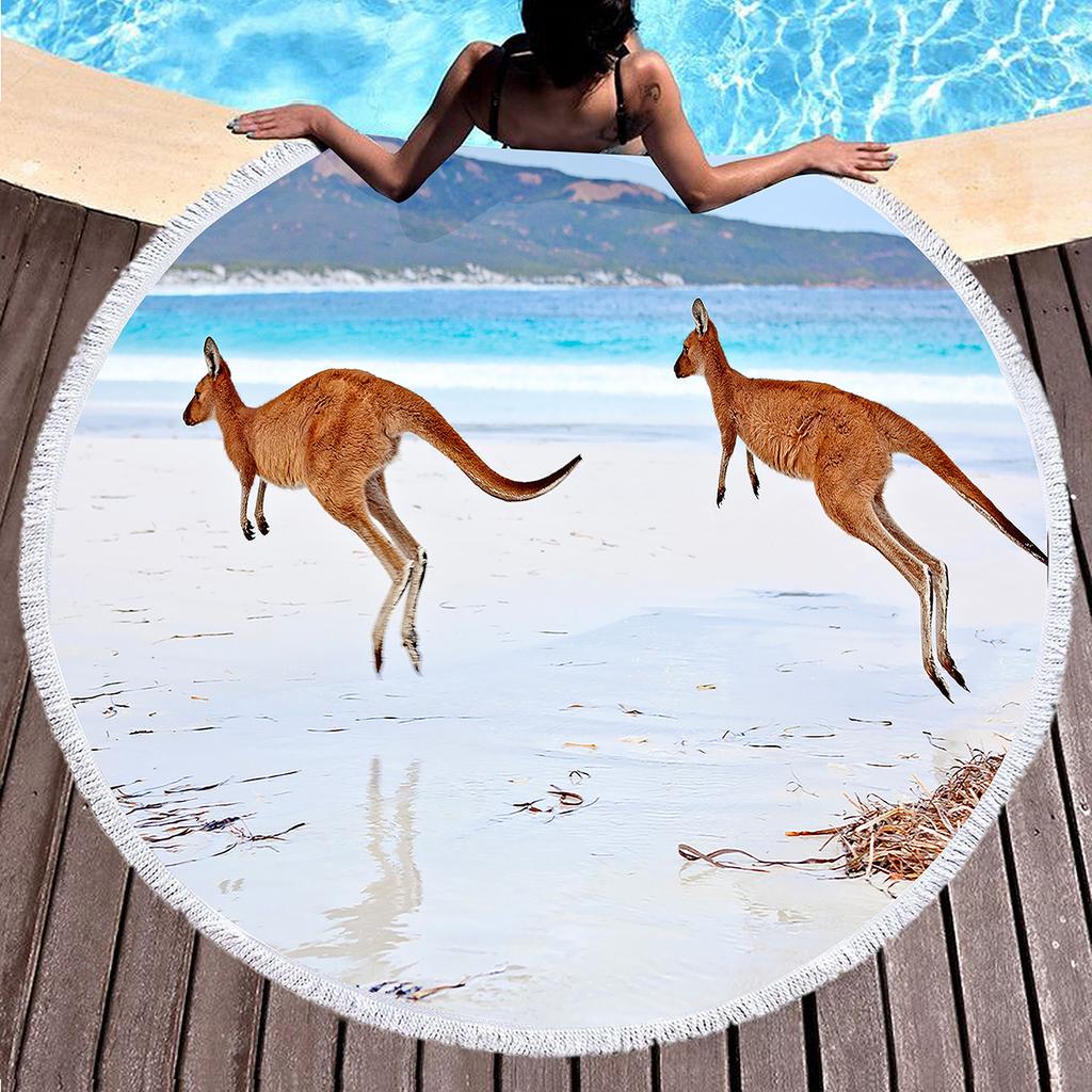 Kangaroo Round Beach Towel with Tassels, Microfiber Quick Dry Beach Blanket Sand Free Quick Dry Yoga Mat Circle Swim Pool Towel