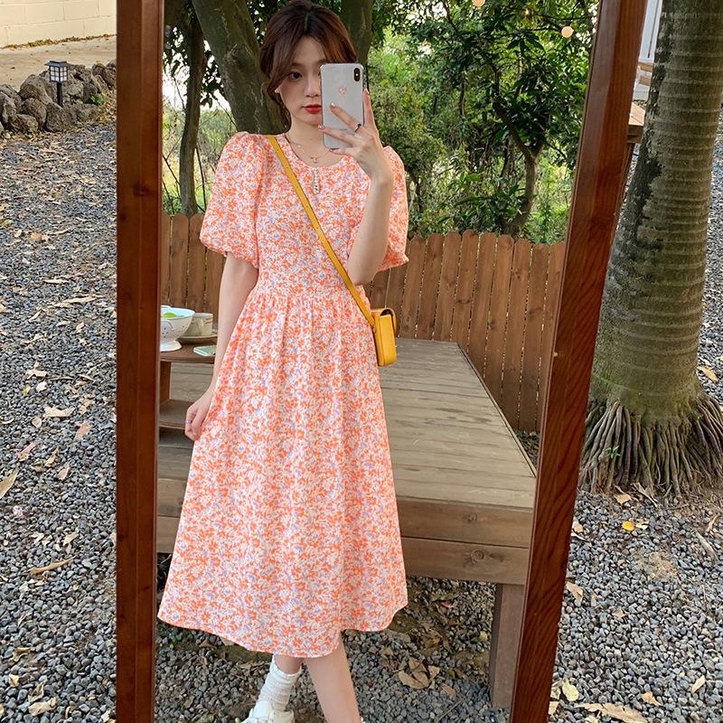 

2024 Spring/Summer Orange Floral Puff Sleeve Dress with Beaded Collar L