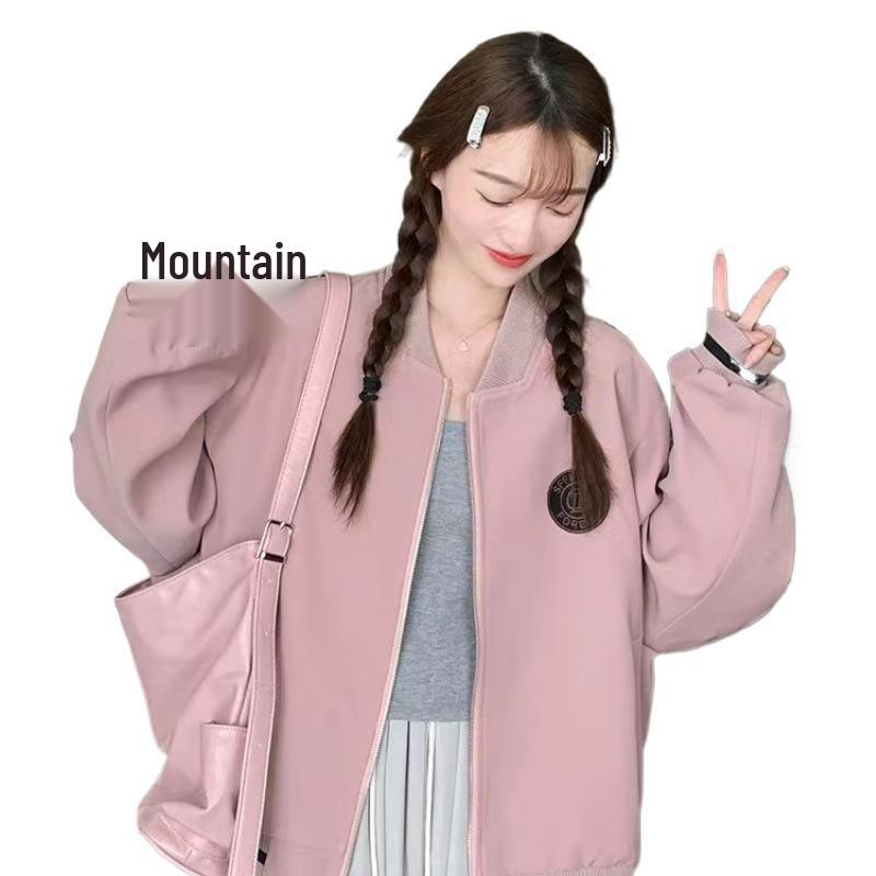 Women's Pink College Style Baseball Jacket - Chic Petite Spring/Autumn Trend