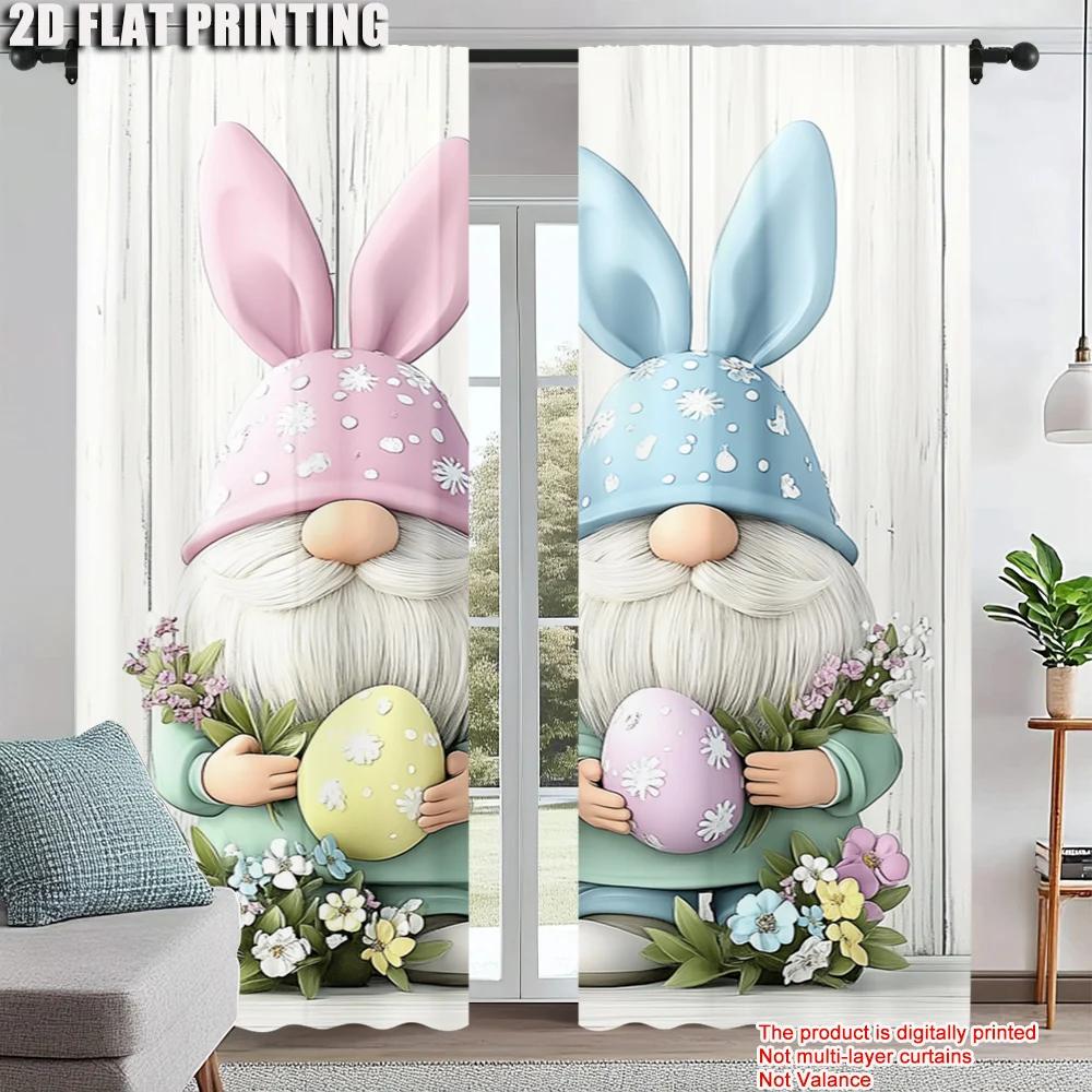 2 Stück Oster-Ei Wichtel Kaninchen Bedruckter Fenstervorhang Für Schlafzimmer Büro Küche Wohnzimmer Und Arbeitszimmer Stangendurchzug Fenster