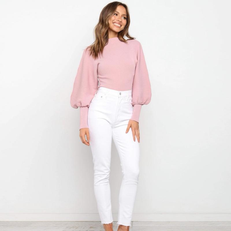 Autumn and Winter Women's Net Color Knitted Lantern Sleeve Long Sleeve Pullover Turtleneck Wool Sweater