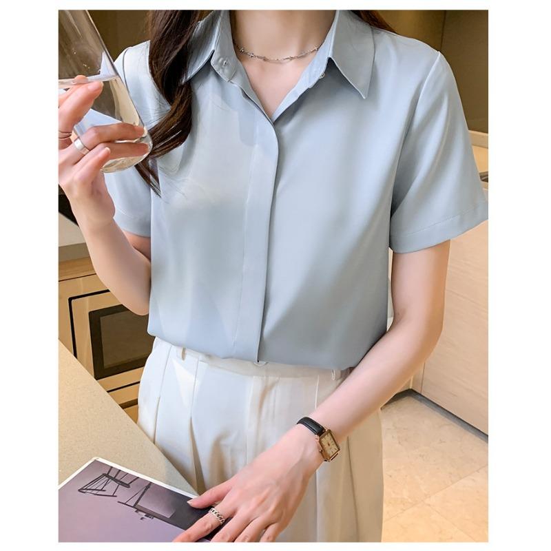 Chiffon Shirt for Women Summer Temperament Professional Shirt Polo Collar Short-sleeved Formal Shoulder Blouse
