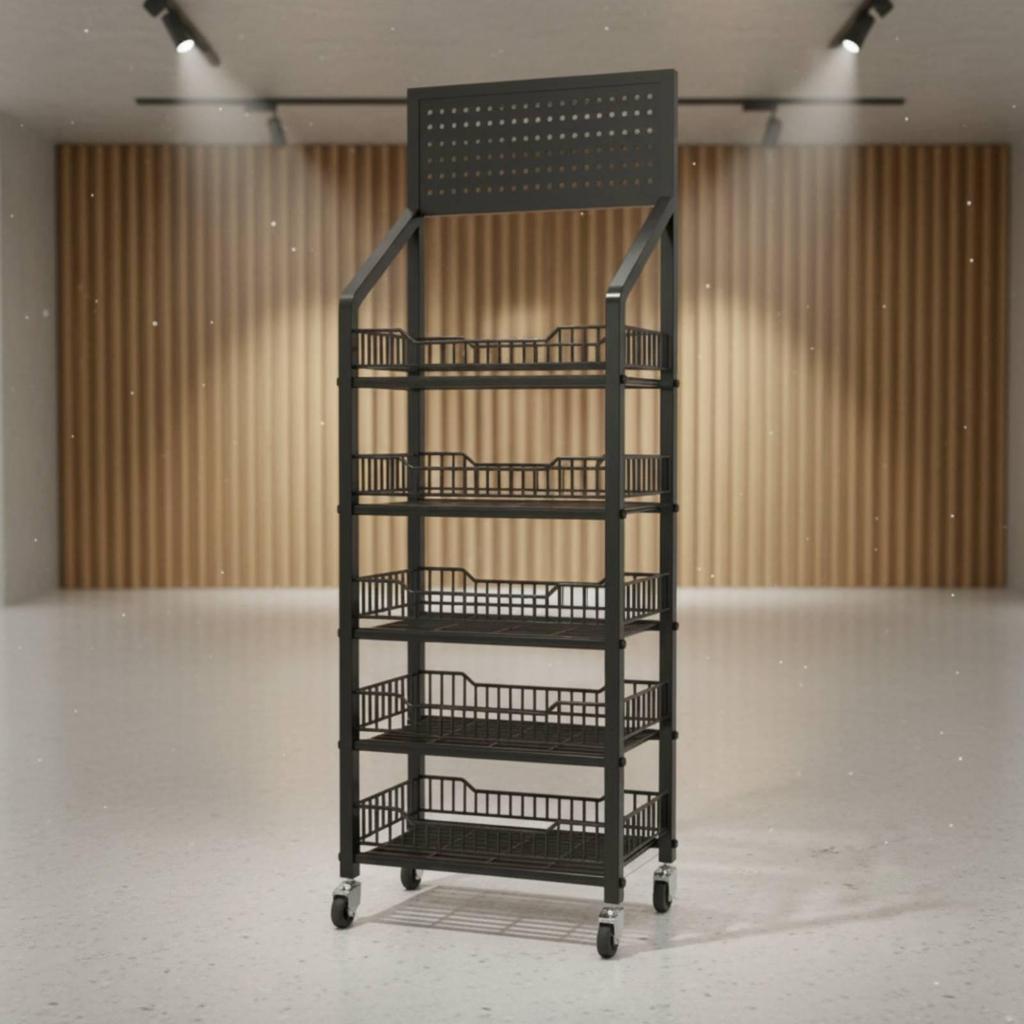 Snack Storage Rack Floor Standing Metal Display with Hooks Mobile