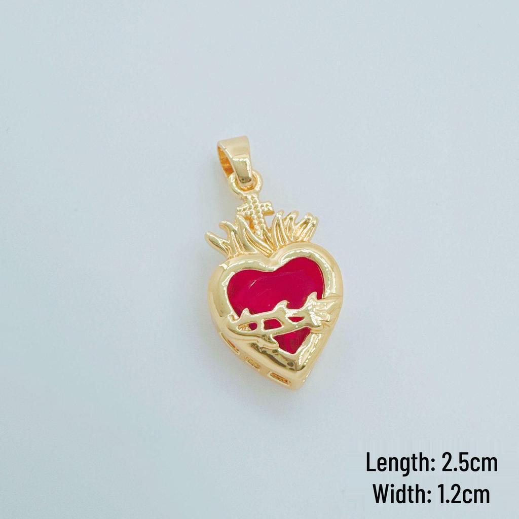 European & American Red Heart Zirconia Cross Pendant Necklace, Gold-Plated Copper, Peach Heart Design for Women.