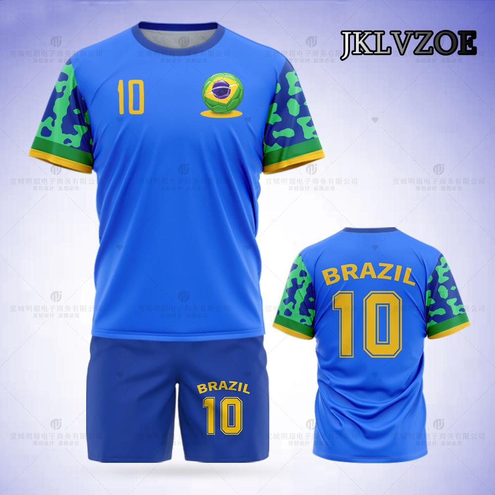 Men's Summer Blue Tracksuit Brazil Flag Ball Pattern T-Shirt Shorts Set Vintage Outfit Casual Jersey Suit Male Fashion Clothing