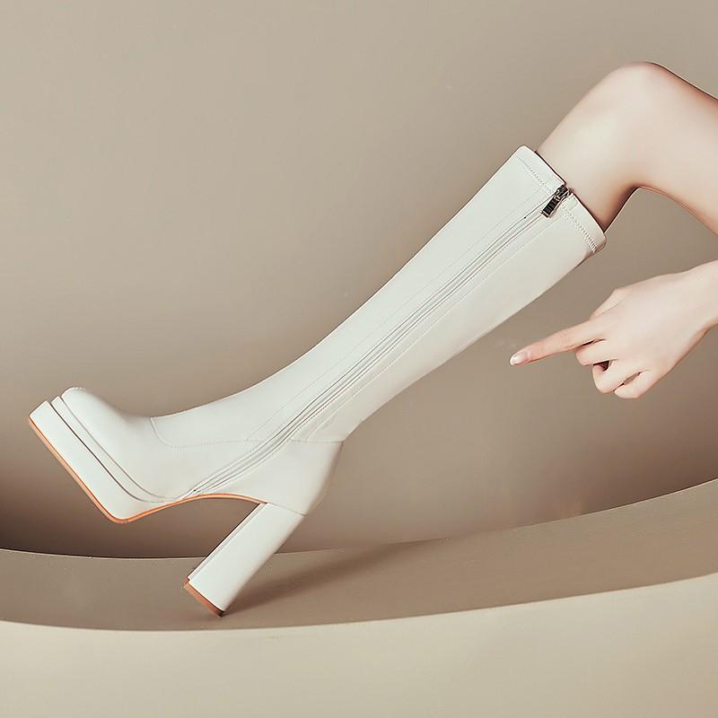 

Fashion High Boots Autumn New Round Toe Side Zipper Platform Non-Slip Wear-Resistant Square Heel High Heel Boots 34