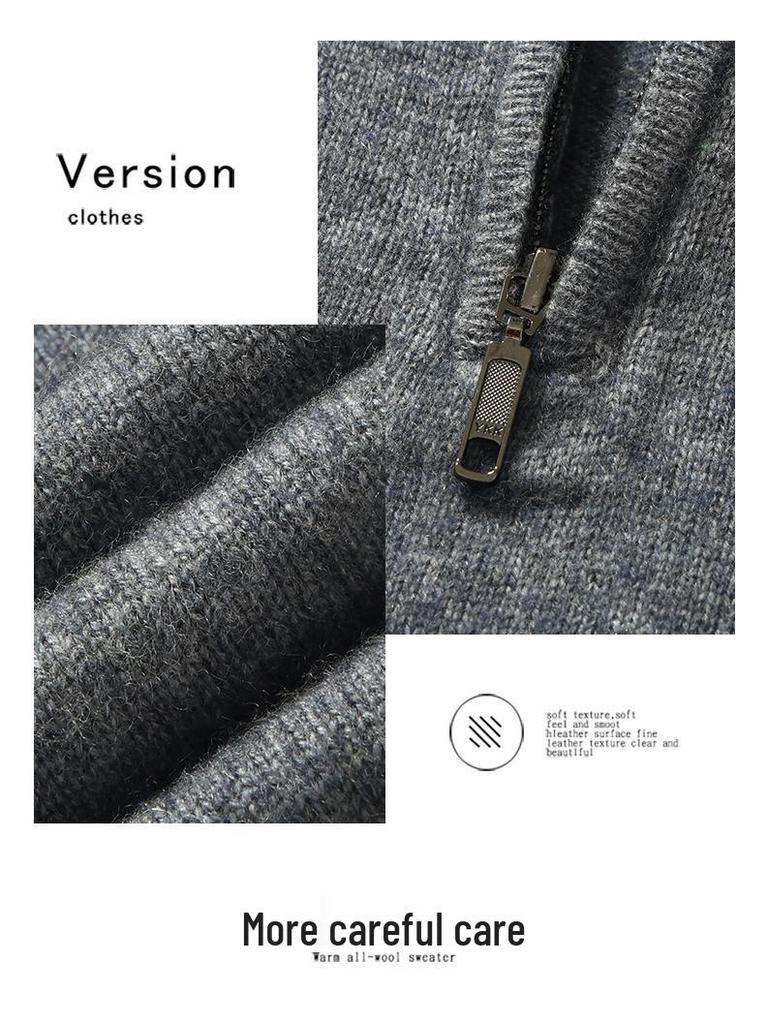 Men's Cashmere Knit Zipper Sweater - Solid Color, Loose Fit, Half-High Collar, Autumn/Winter Collection