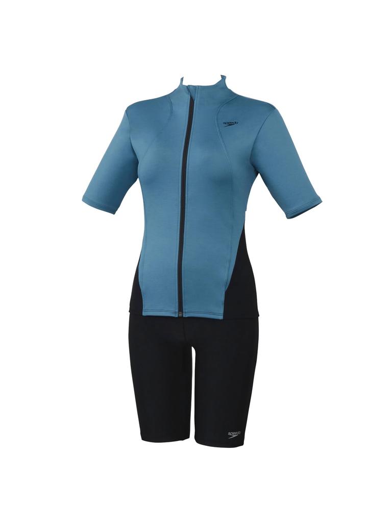 Speedo Short Sleeve Wavy Sepa Fitness Sunrise Size M Women's Swimsuit, Blue,