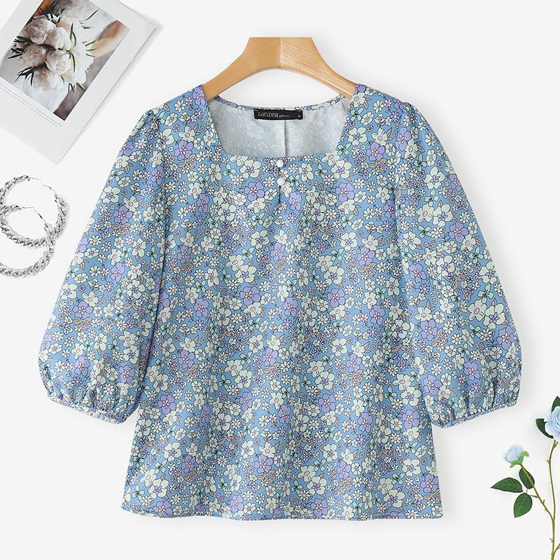 

ZANZEA Женская повседневная блузка с квадратным вырезом, свободным рукавом 3/4 и цветочным принтом S синий