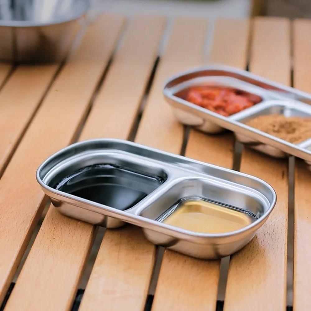 1PC Stainless Steel Multi Grid Seasoning Dish Partitioned Sauce Container Portable Dipping Bowl for Outdoor Camping Kitchen