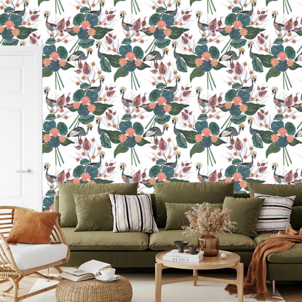 Cranes Among Flowers Wallpaper for Living Room and Bedroom 50x1000