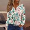 Women's Fashion Casual V-Neck Button-Up Long-Sleeve T-Shirt With Christmas Print Top