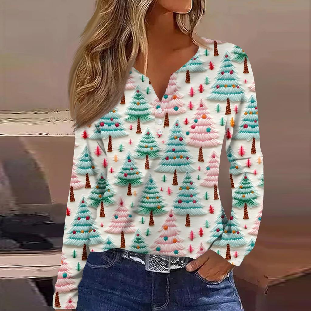 Women's Fashion Casual V-Neck Button-Up Long-Sleeve T-Shirt With Christmas Print Top