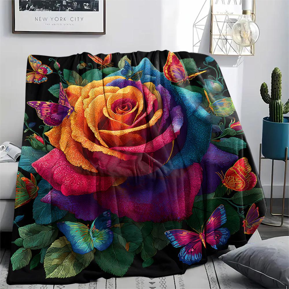 Flower Print Flannel Blanket, High quality Comfortable for All Seasons, Home Decor, Warmth and Comfort, Perfect for Christmas Gifts