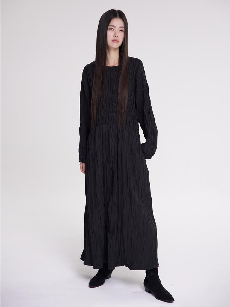 Mermer (2 Colors) Wrinkle Dress Long Sleeve_Black/Khaki Gray