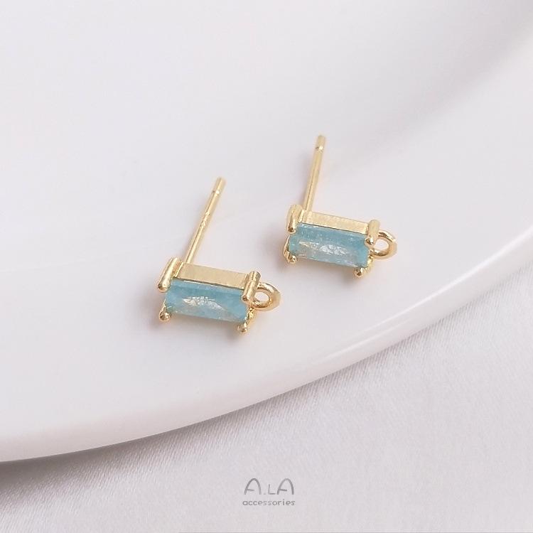 14K Gold-Plated Silver Studs with Rectangular Zircon and Colorful Hanging Ear Pins for DIY Accessories