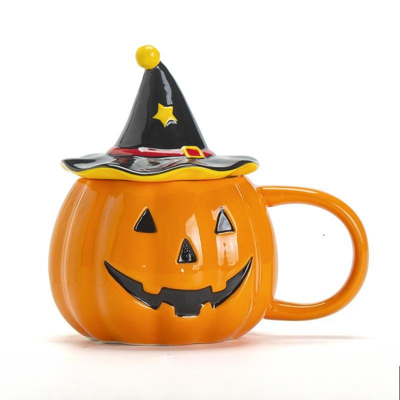 

Funny Pumpkin Ceramic Mugs with Lid Personalized Coffee Cups Creative Milk Cup Breakfast Mug Kitchen Drinkware Halloween Gifts 320ml