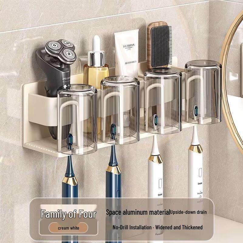 Cmaos Punch-Free Wall-Mounted 4-Cup Toothbrush & Mouthwash Holder