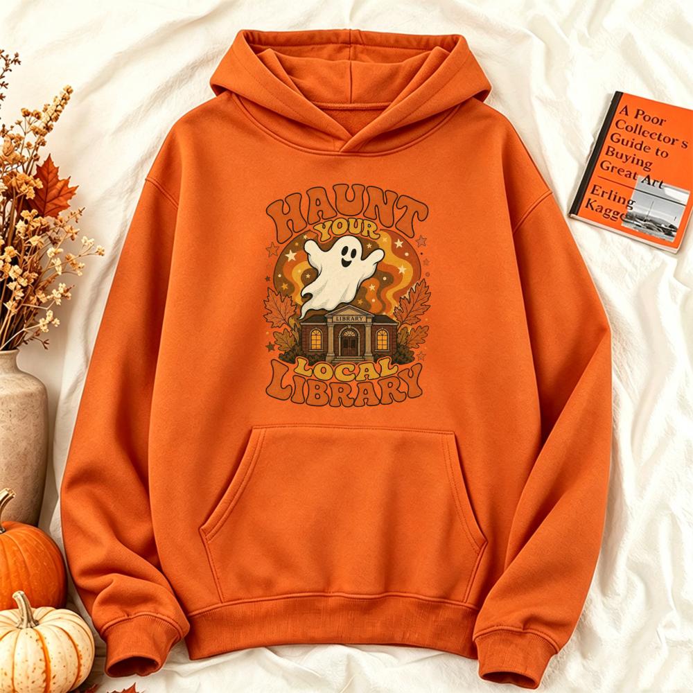 Retro Funny Halloween Ghost Hoodie Libarary Graphic Sweatshirt Bookish Gothic Unisex Streetwear Pullover Jumper for Her Hoodie