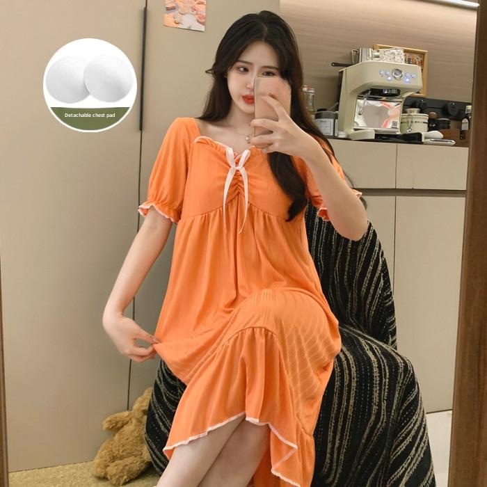 Damen Kurzarm Nachthemden mit Brustpolstern Weiblich Sommer einfarbig Homewear junges Mädchen süßes Nachtkleid lässig locker Loungewear