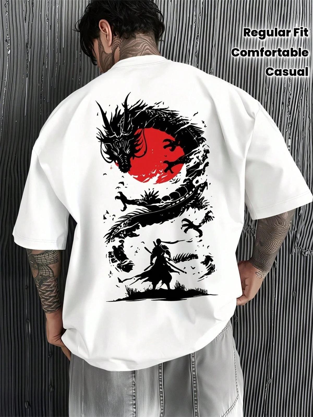 Japanese Dragon Samurai Graphic T-Shirt Red Sun Warrior Streetwear Tee S
