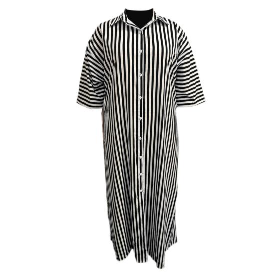 Herbstkleid für Damen, gestreift, lange Ärmel, locker, einreihig, geteilter Saum, volle Länge, OL-Stil, Revers, Maxikleid für den Alltag