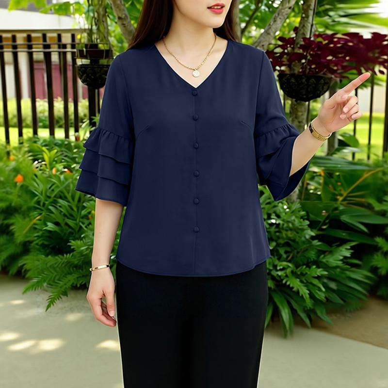 ZANZEA Women V-Neck Solid Color Casual Ruffles 3/4 Sleeve Blouse S