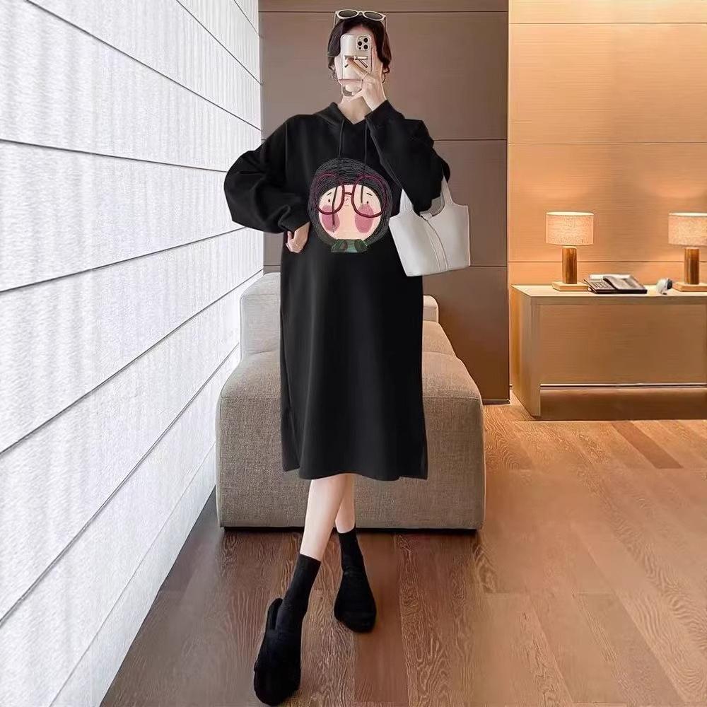

Pregnant Woman s Dress - New Autumn/winter Style Loose and Comfortable Hooded Pullover Dress in Mid-length with Added Insulation. One size чорний
