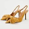 Fashion Designer Velvet Slingback Heeled Sandals Women Elegant Bow Decoration Back Strap Pointed Toe High Heels Dress Shoes Women Pumps