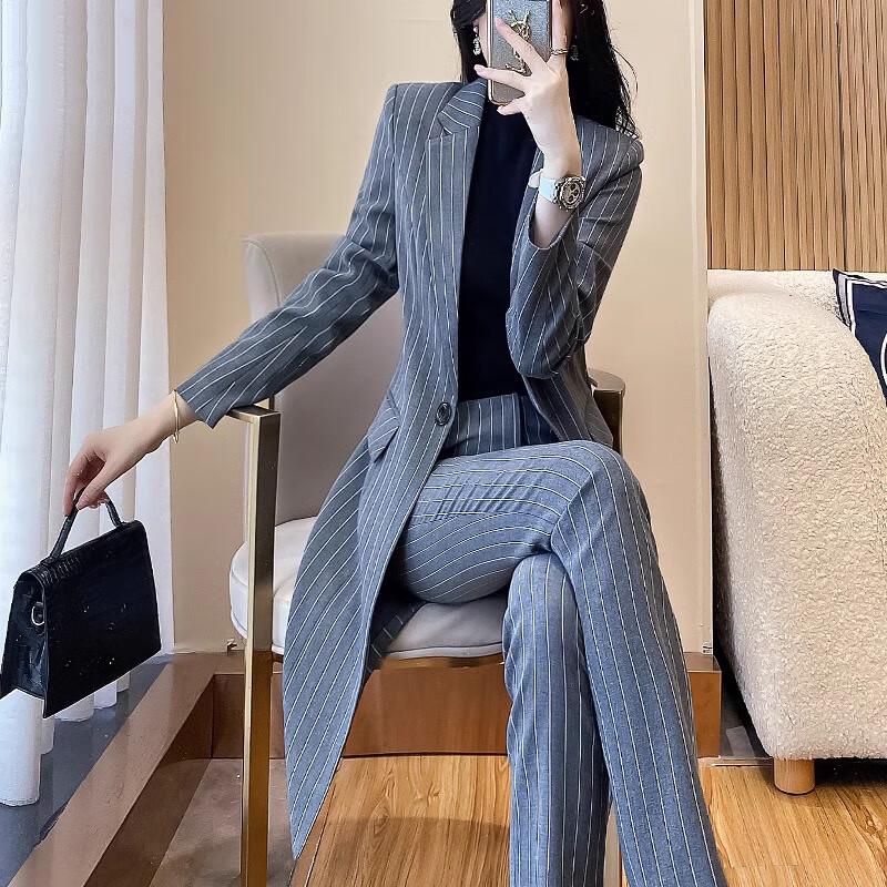 Women's Striped Long Trench Coat & Pant Suit Set